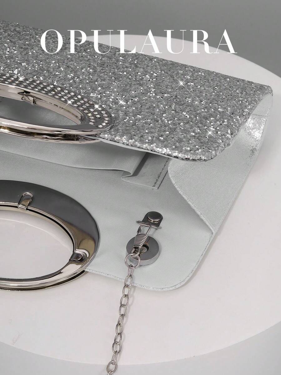 SHEIN حقيبة يد سهرة فضية فاخرة مزينة بالكريستال