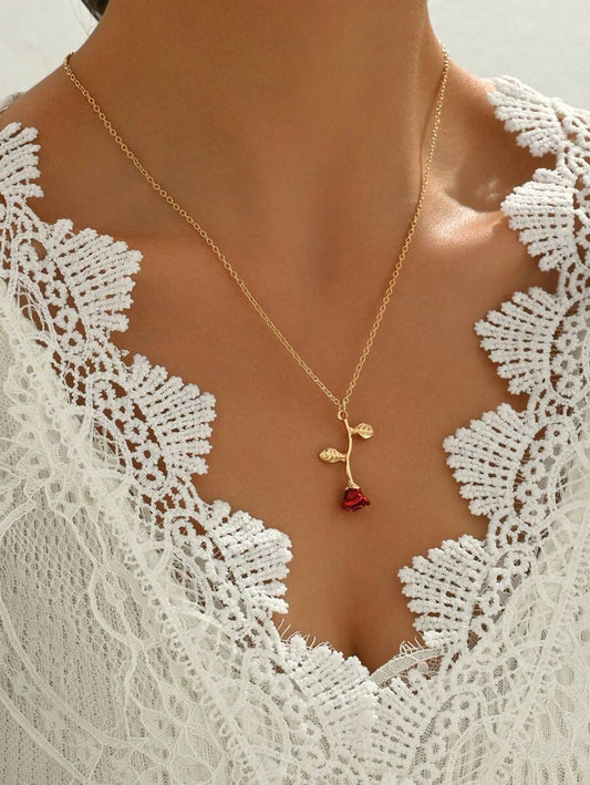 SHEIN قلادة زهرة ورد حمراء أنيقة