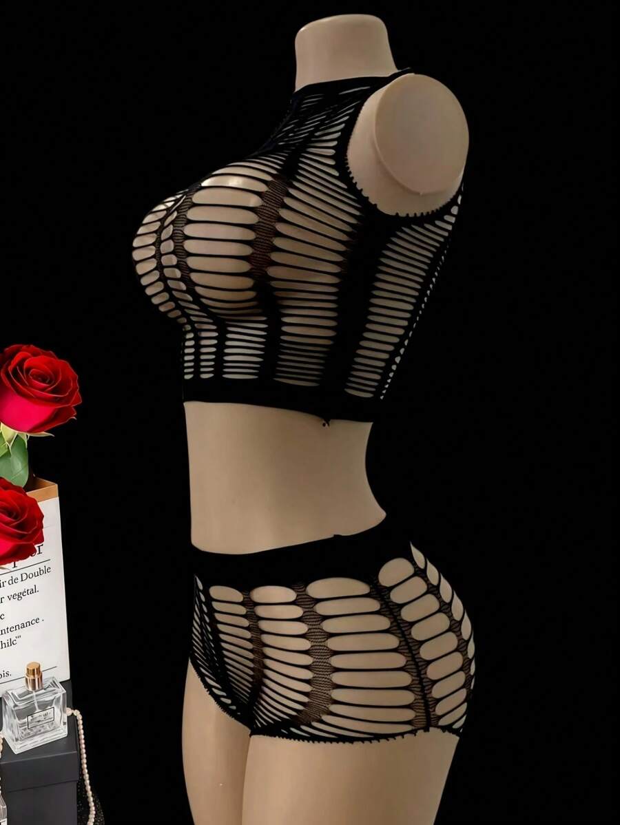 SHEIN مجموعة ملابس داخلية شبكية صدرية شفافة وسروال