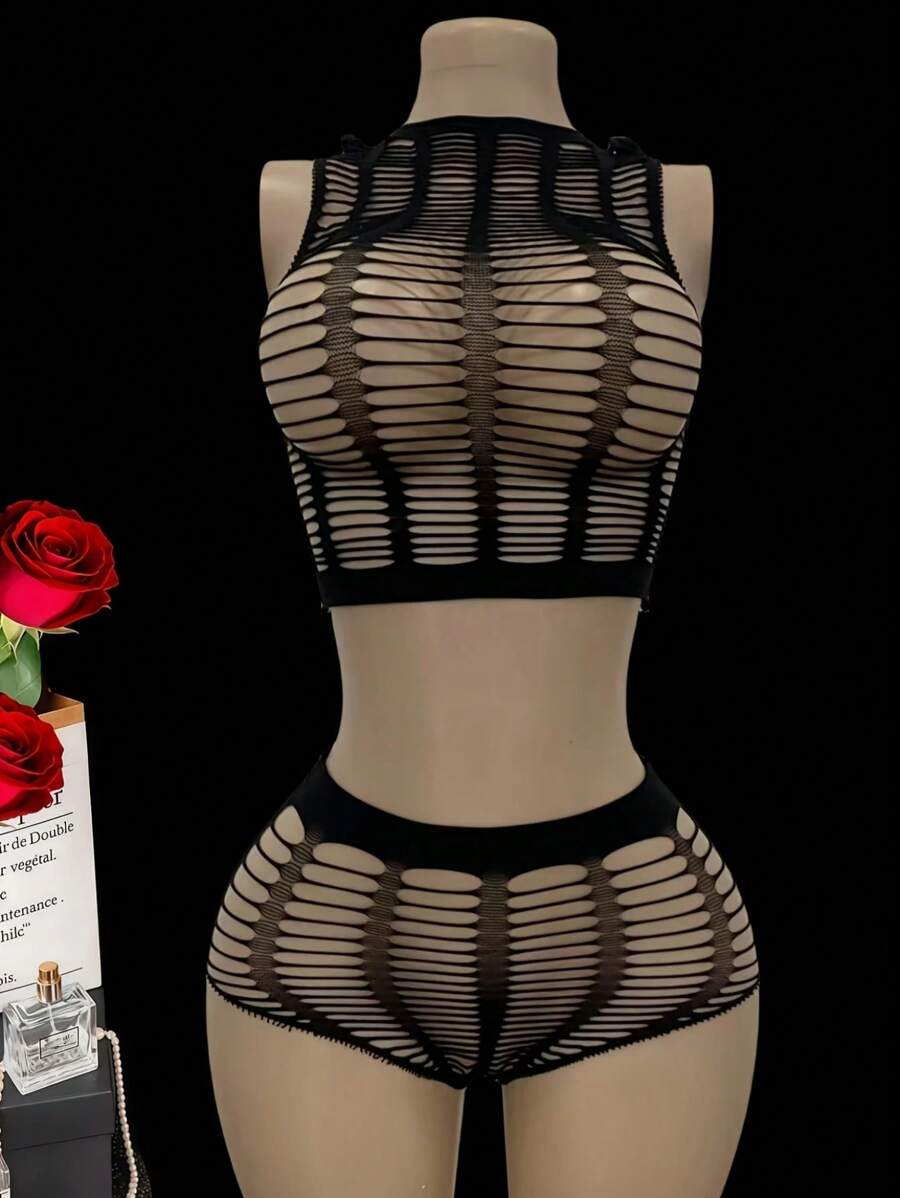 SHEIN مجموعة ملابس داخلية شبكية صدرية شفافة وسروال