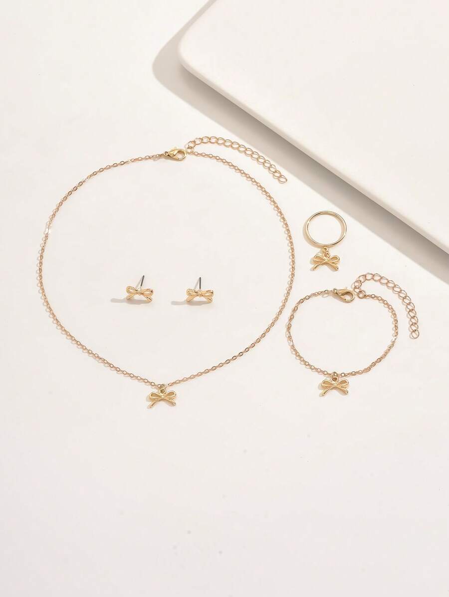 SHEIN طقم 5 قطع مجوهرات فيونكة عقد وخاتم وأقراط وسوار