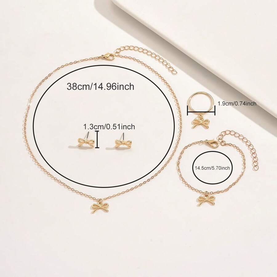 SHEIN طقم 5 قطع مجوهرات فيونكة عقد وخاتم وأقراط وسوار