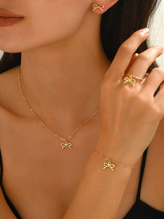 SHEIN طقم 5 قطع مجوهرات فيونكة عقد وخاتم وأقراط وسوار