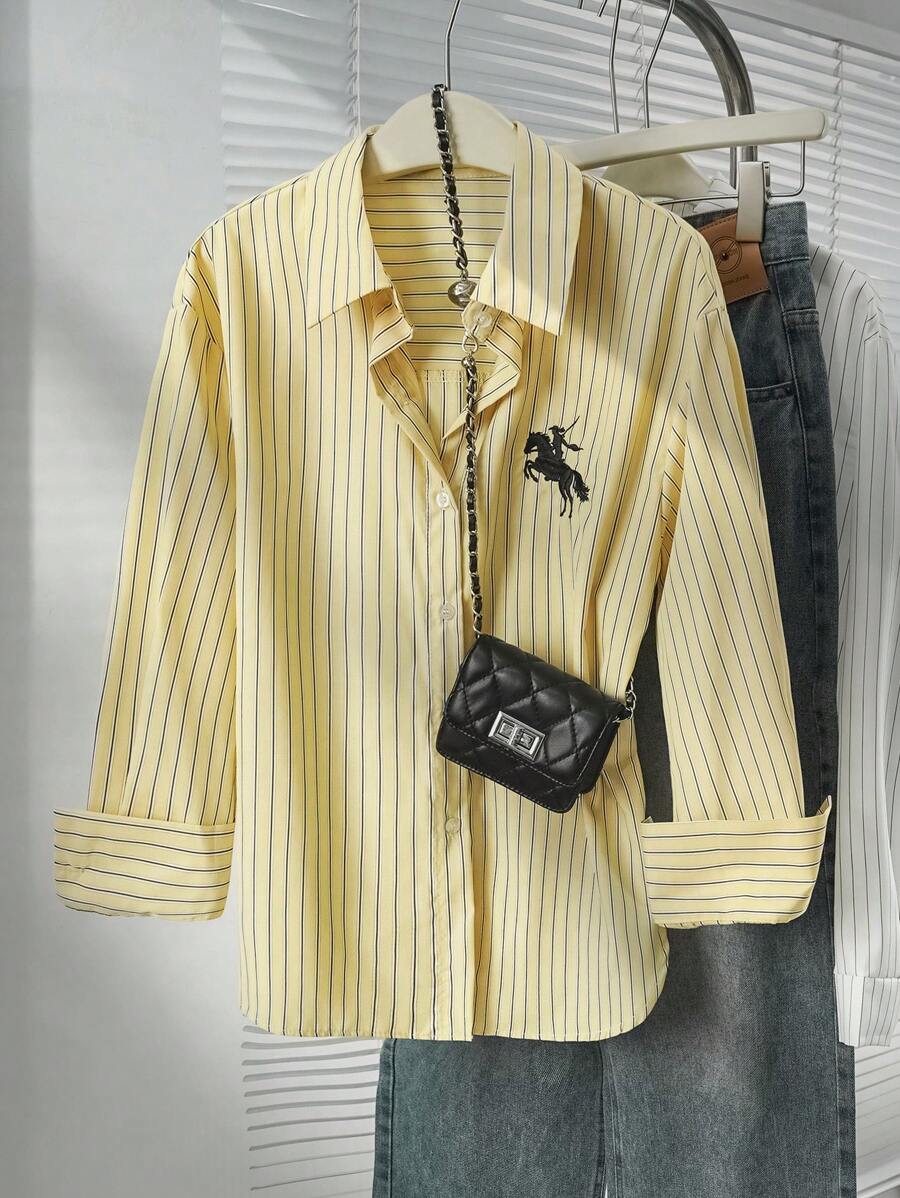 SHEIN قميص كاجوال أصفر بأزرار وخامة خفيفة