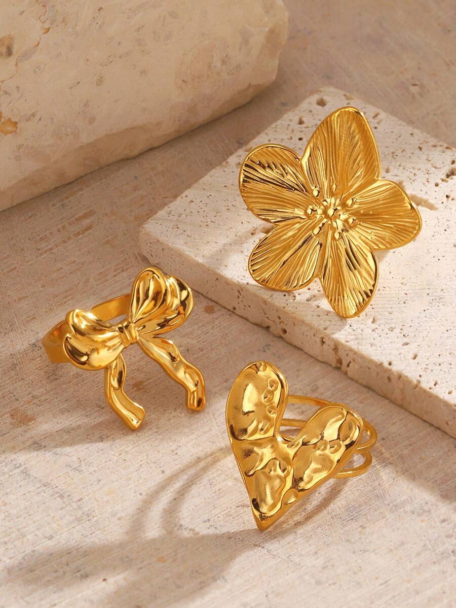 SHEIN طقم 3 خواتم ستانلس ستيل مطلية ذهب 18 قيراط