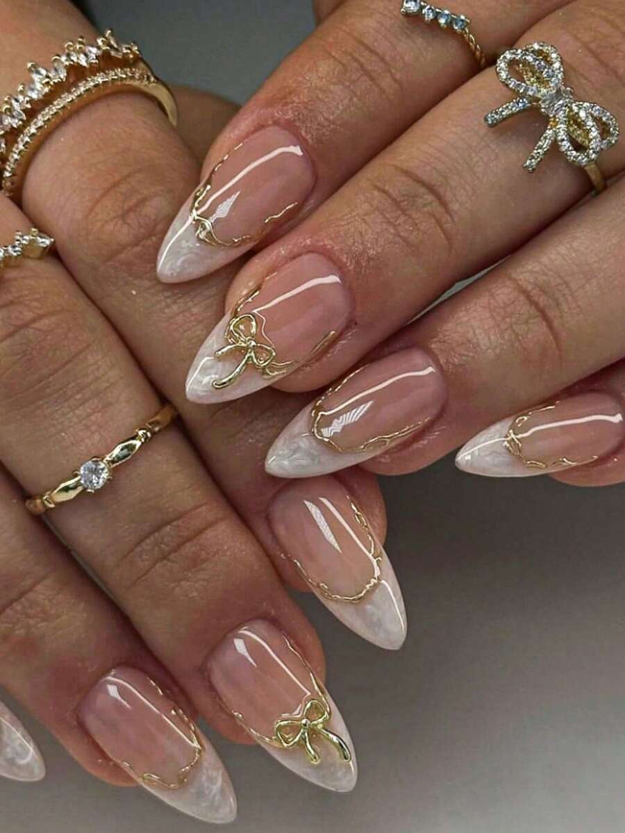 SHEIN أظافر صناعية 10 قطع بحواف ذهبية مع أدوات العناية بالأظافر