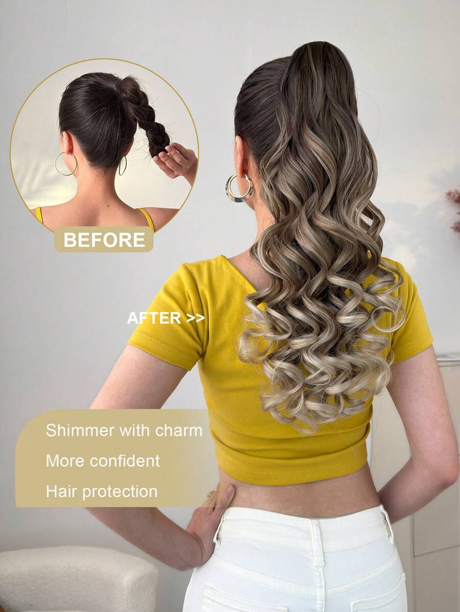 SHEIN شعر مستعار طويل 20-24 بوصة بلون بني فاتح بمشبك مخلب