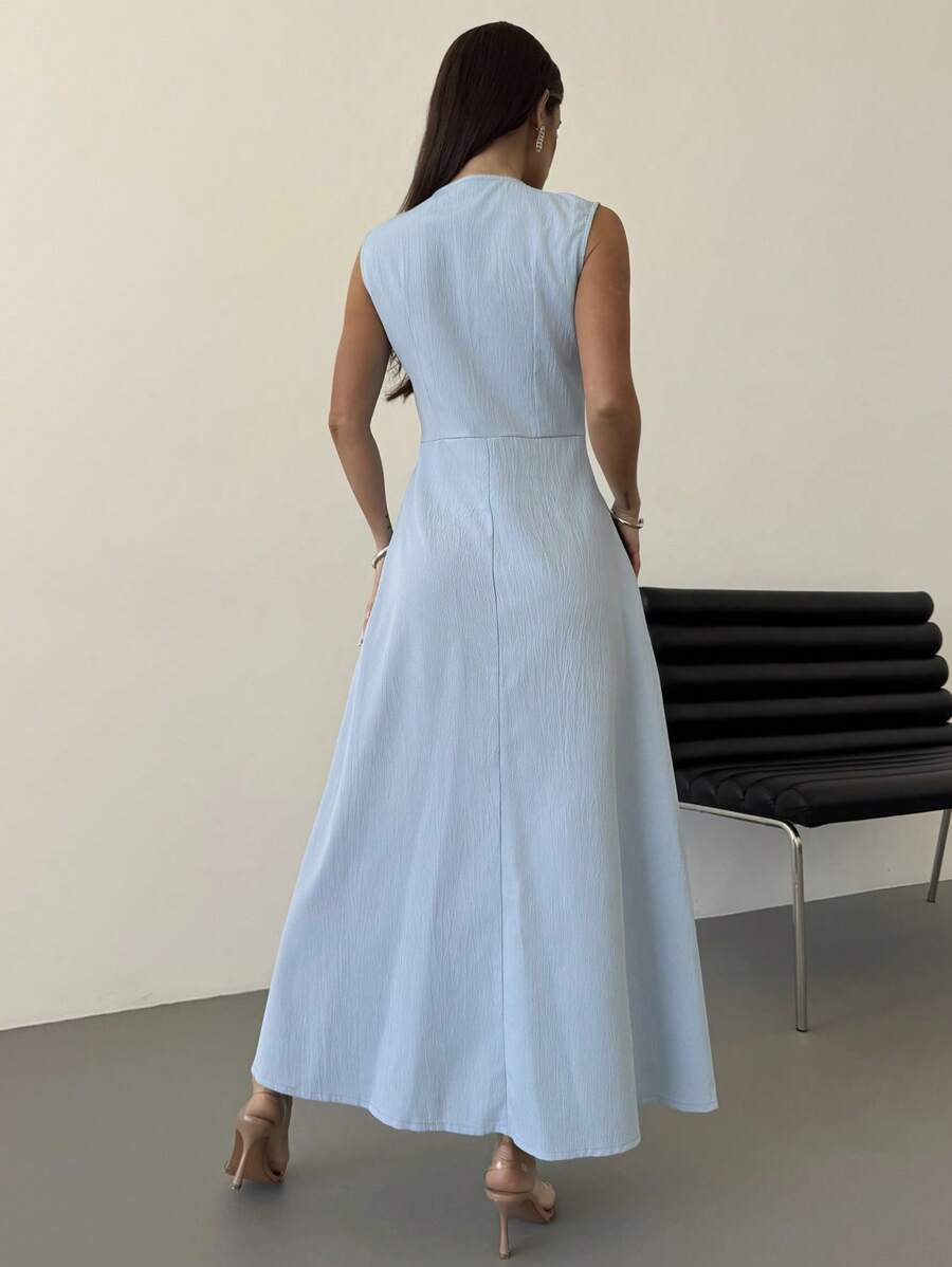 SHEIN Firerie فستان ميدي أزرق بدون أكمام بأزرار أمامية
