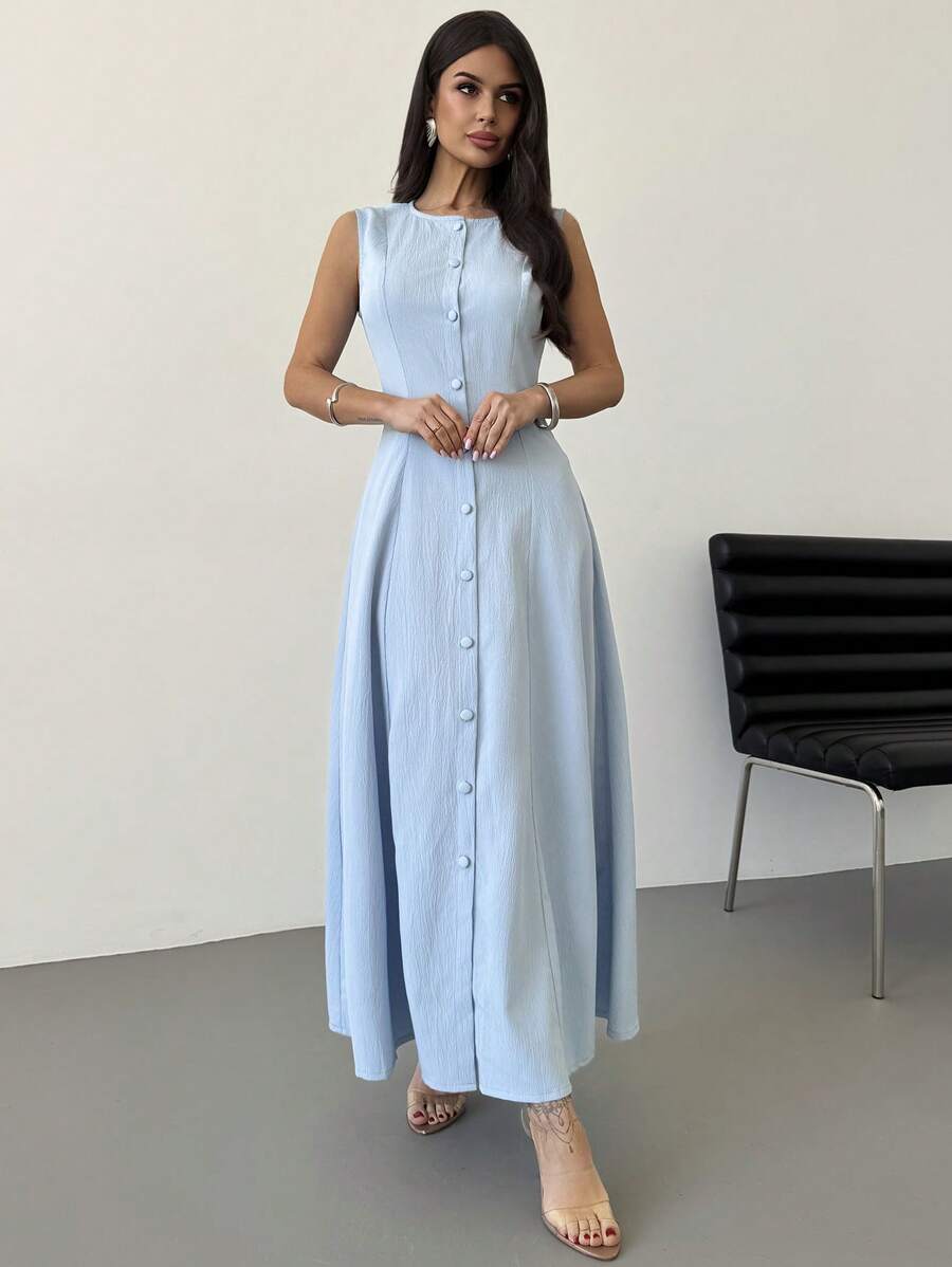 SHEIN Firerie فستان ميدي أزرق بدون أكمام بأزرار أمامية