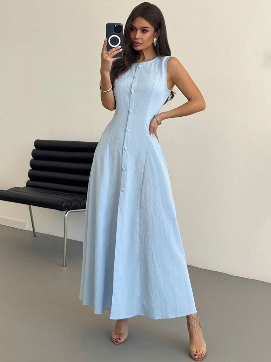 SHEIN Firerie فستان ميدي أزرق بدون أكمام بأزرار أمامية