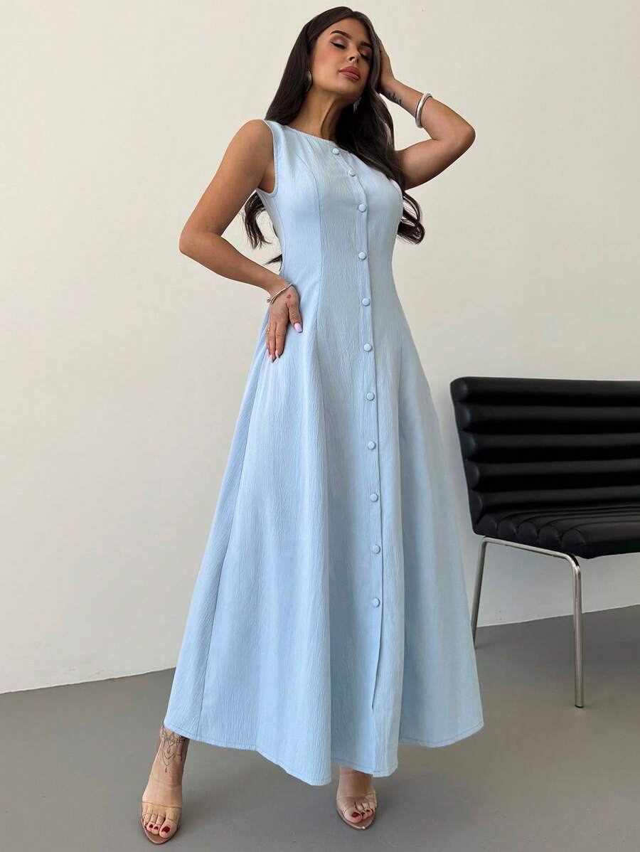 SHEIN Firerie فستان ميدي أزرق بدون أكمام بأزرار أمامية