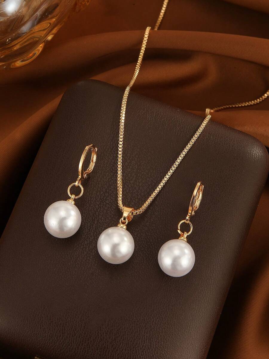 SHEIN طقم مجوهرات ذهبي 3 قطع لؤلؤ صناعي