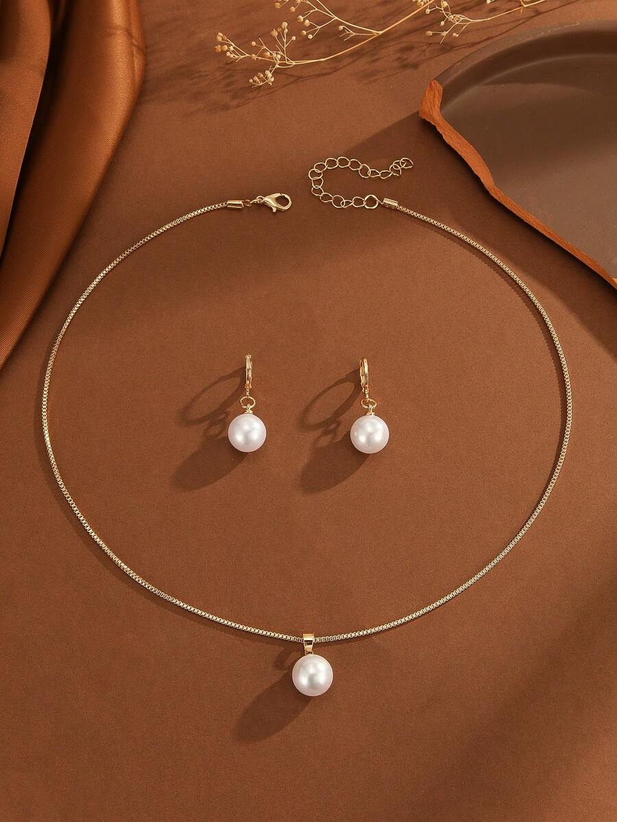 SHEIN طقم مجوهرات ذهبي 3 قطع لؤلؤ صناعي
