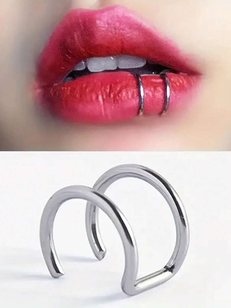 SHEIN طقم 2 حلقة شفة بدون ثقب من الصلب المقاوم للصدأ بطراز بانك
