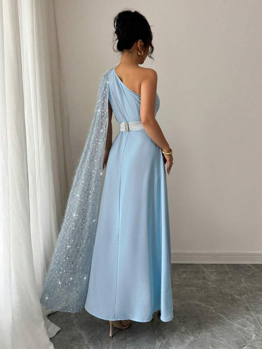 SHEIN Rafferiza فستان أزرق بخصر مطاطي وزينة ريش