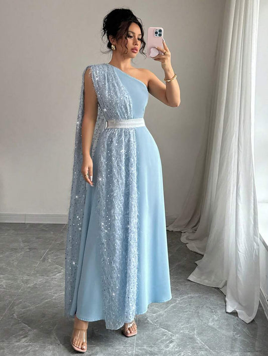 SHEIN Rafferiza فستان أزرق بخصر مطاطي وزينة ريش