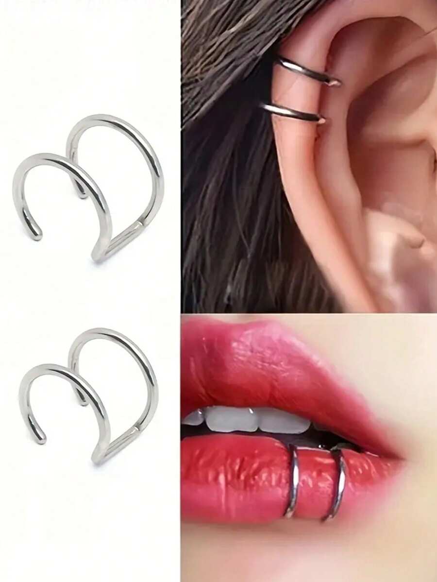 SHEIN طقم 2 حلقة شفة بدون ثقب من الصلب المقاوم للصدأ بطراز بانك