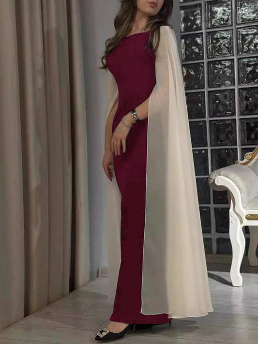 SHEIN فستان طويل عنابي أنيق بياقة مربعة وقصة محددة للوركين