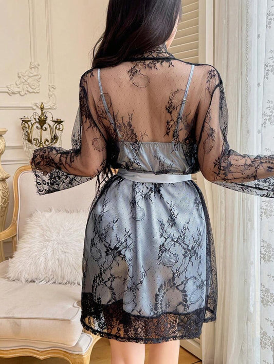 SHEIN Slumberist طقم فستان نوم وروب أسود شفاف أنيق