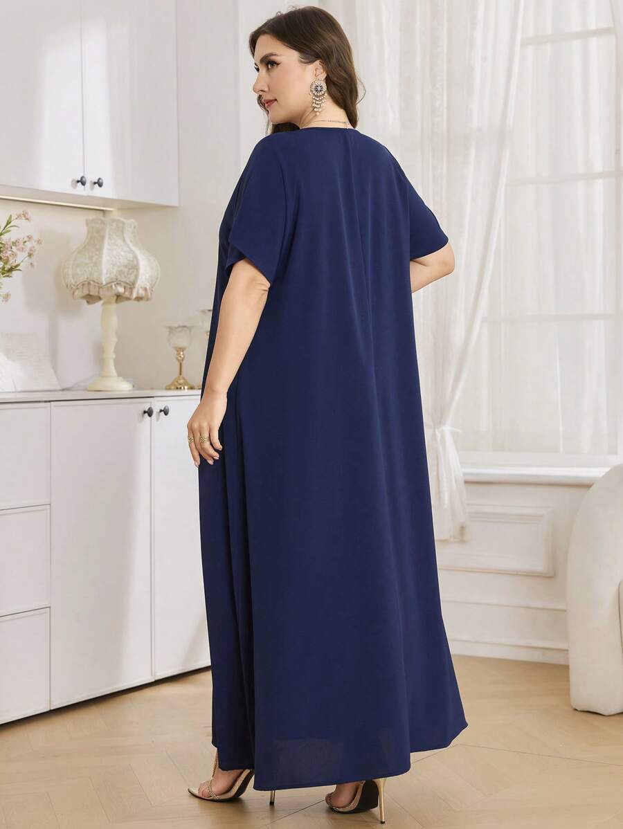 SHEIN Al Najma قميص تونيك أزرق قصير بأكمام قصيرة كبير الحجم