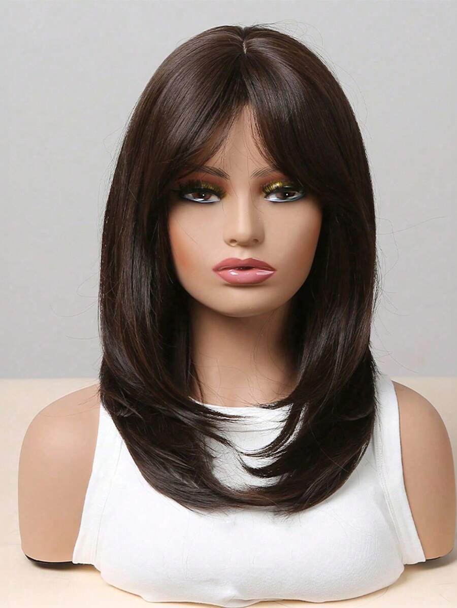 SHEIN Ava باروكة طويلة 18 بوصة متدرجة أسود وبني مع غرة
