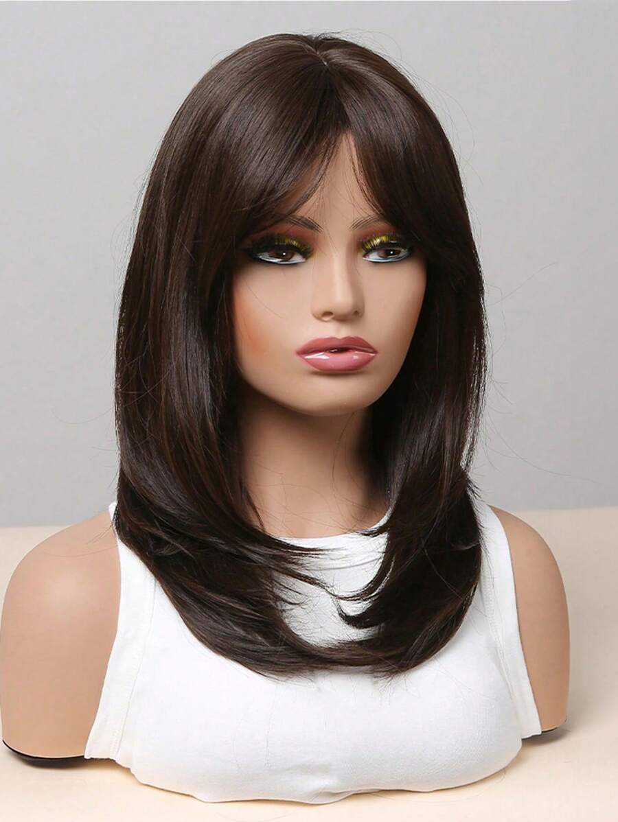 SHEIN Ava باروكة طويلة 18 بوصة متدرجة أسود وبني مع غرة