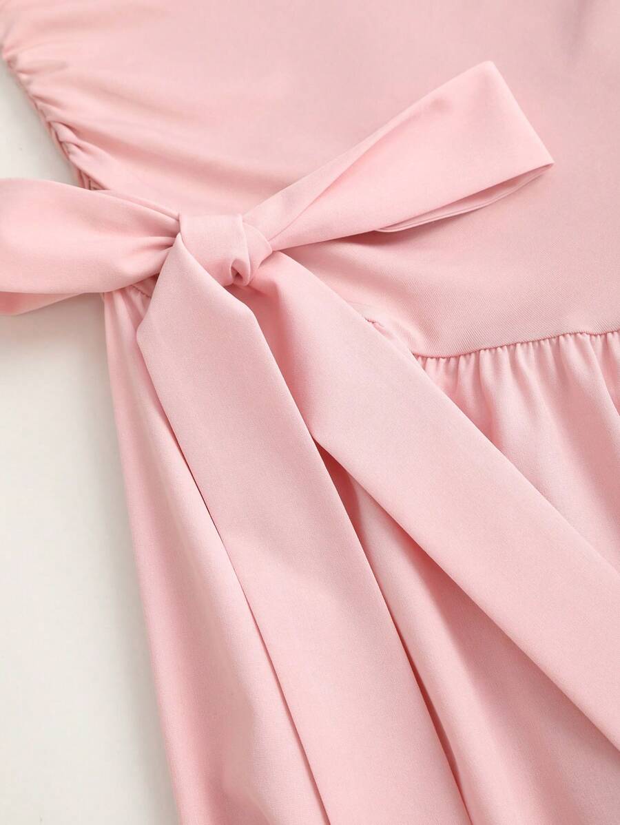 SHEIN Sweetra فستان وردي طويل بكتف مائل وذيل غير متماثل