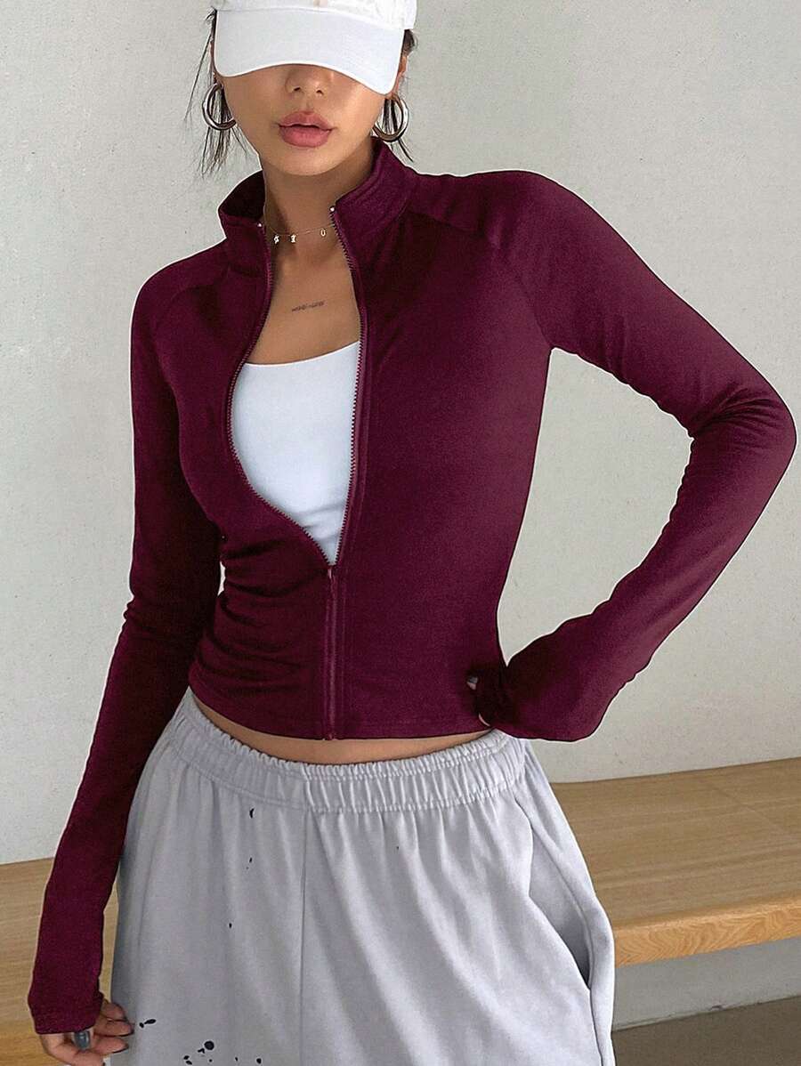 SHEIN DAZY جاكيت نسائي رياضي خفيف بسحاب وبلون عنابي