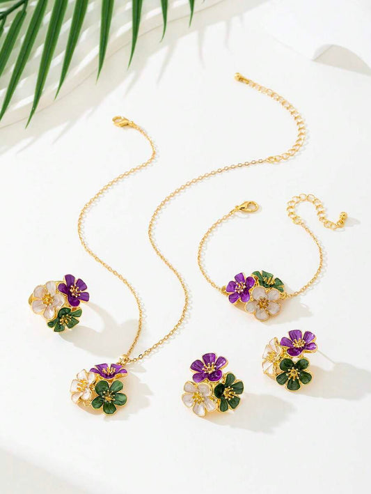 SHEIN طقم مجوهرات 4 قطع زهرة ملونة