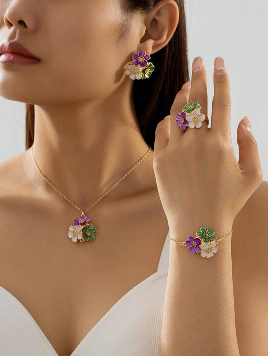 SHEIN طقم مجوهرات 4 قطع زهرة ملونة