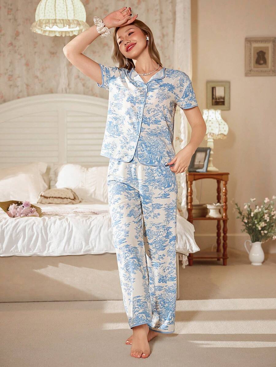 SHEIN CottageSlumber طقم بيجاما نسائي بكم قصير مطبوع