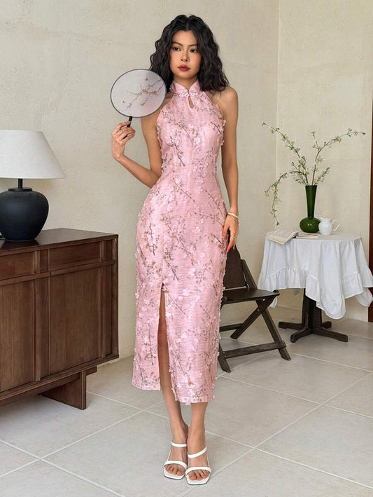 SHEIN EastFlair فستان وردي طويل بطبعات زهرية