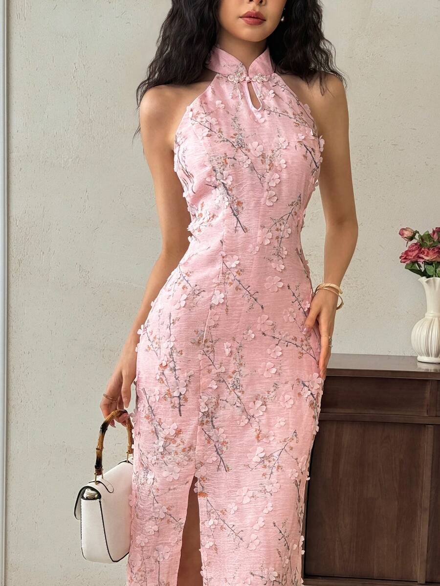 SHEIN EastFlair فستان وردي طويل بطبعات زهرية