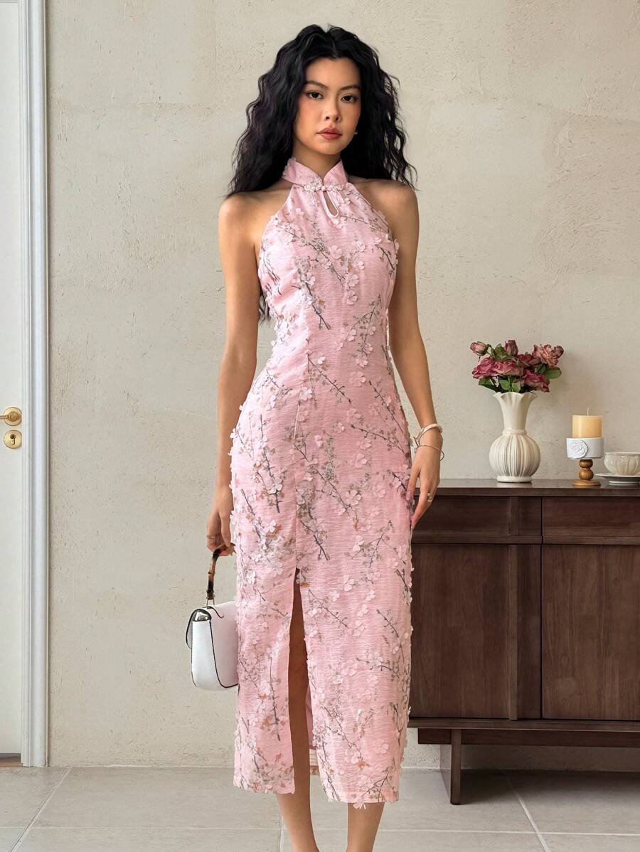 SHEIN EastFlair فستان وردي طويل بطبعات زهرية