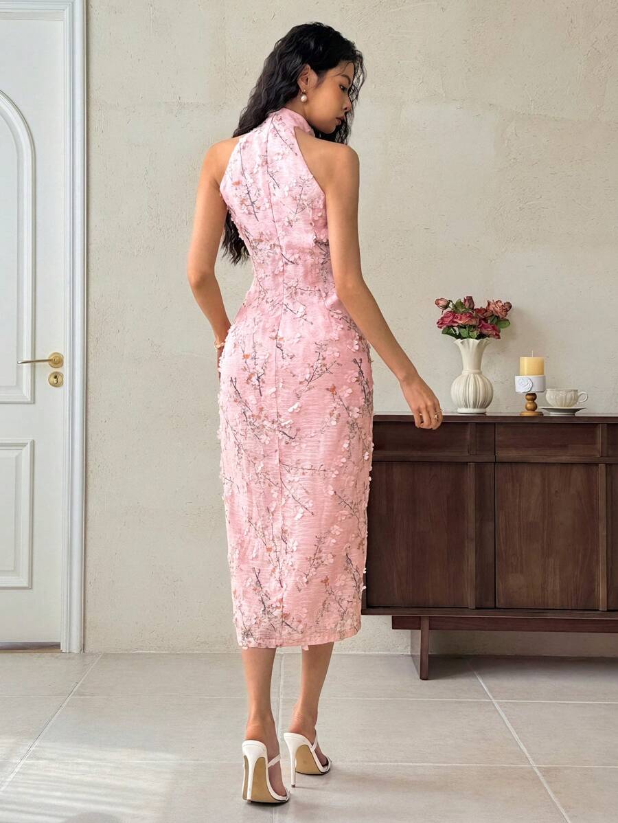 SHEIN EastFlair فستان وردي طويل بطبعات زهرية