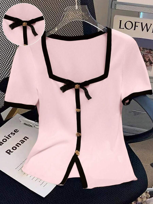 SHEIN GlowEve بلوزة قصيرة الأكمام بأزرار معدنية وعقدة فراشة