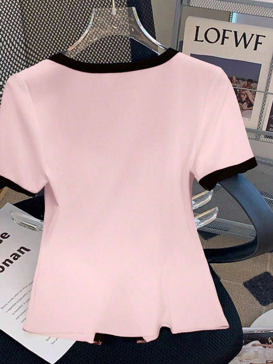 SHEIN GlowEve بلوزة قصيرة الأكمام بأزرار معدنية وعقدة فراشة