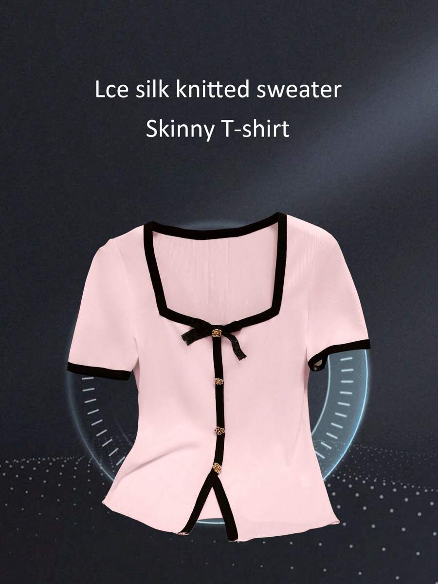 SHEIN GlowEve بلوزة قصيرة الأكمام بأزرار معدنية وعقدة فراشة