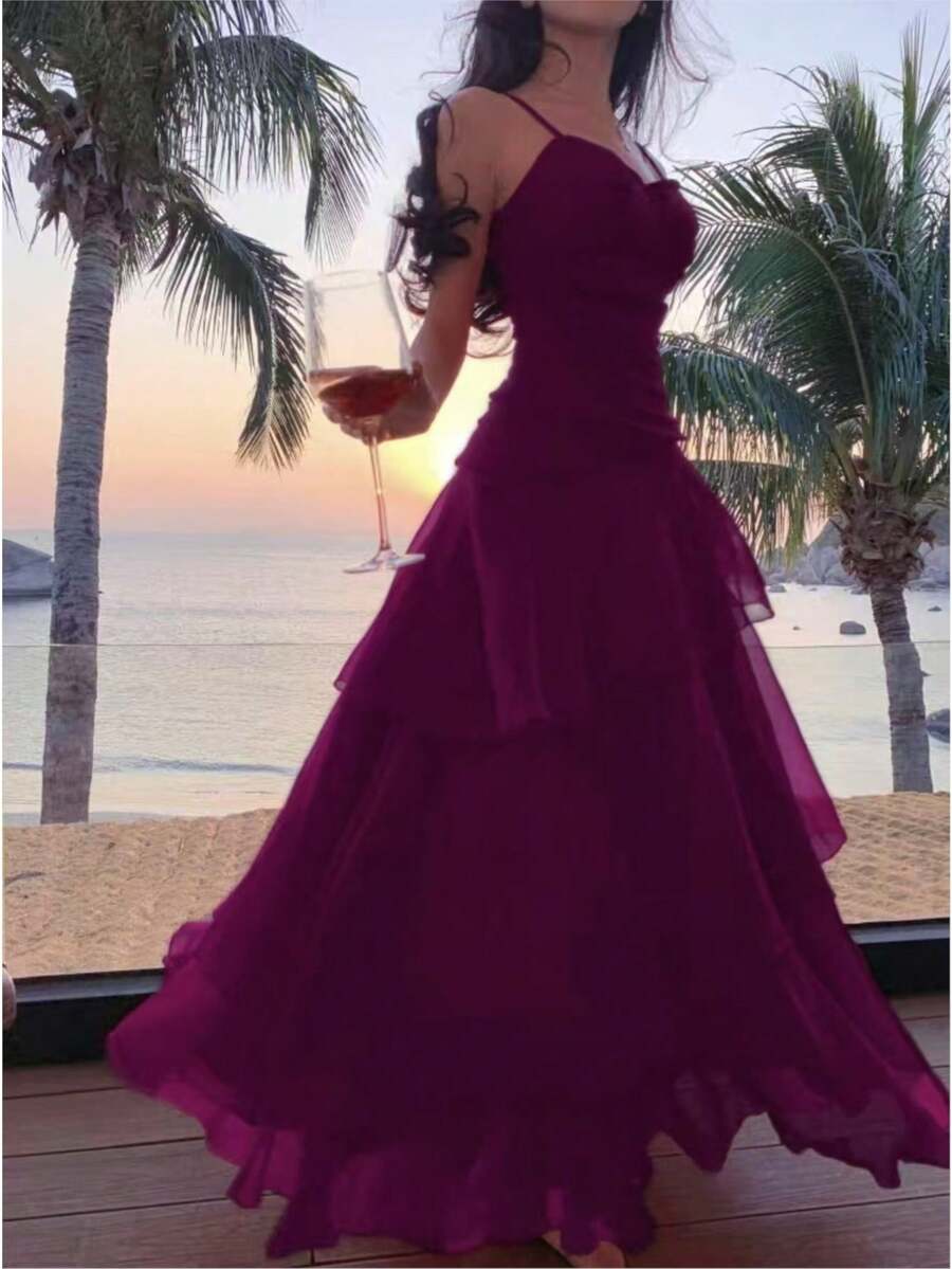 SHEIN فستان أنيق غير متماثل بحمالات سباغيتي مكشكشة بلون أرجواني
