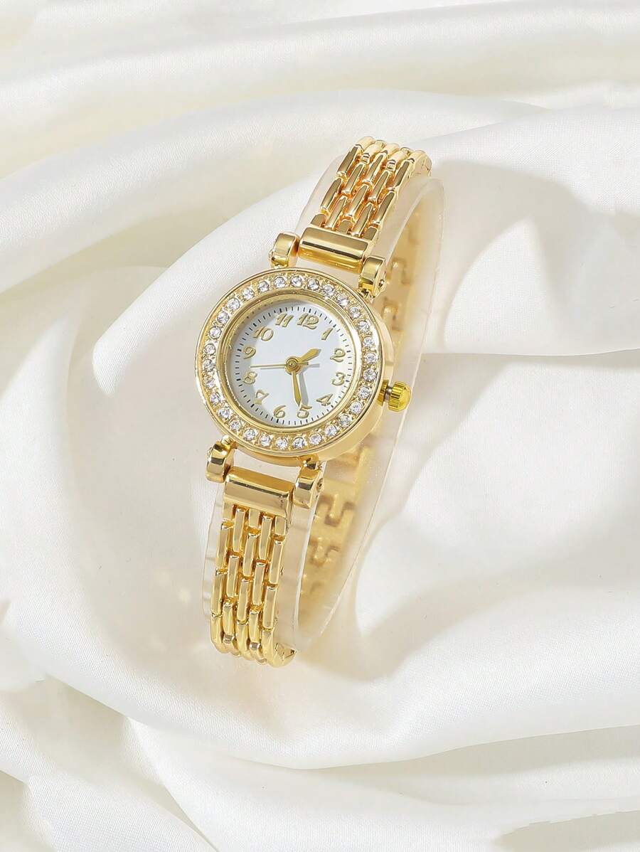 SHEIN ساعة كوارتز نسائية ذهبية مرصعة بالراين