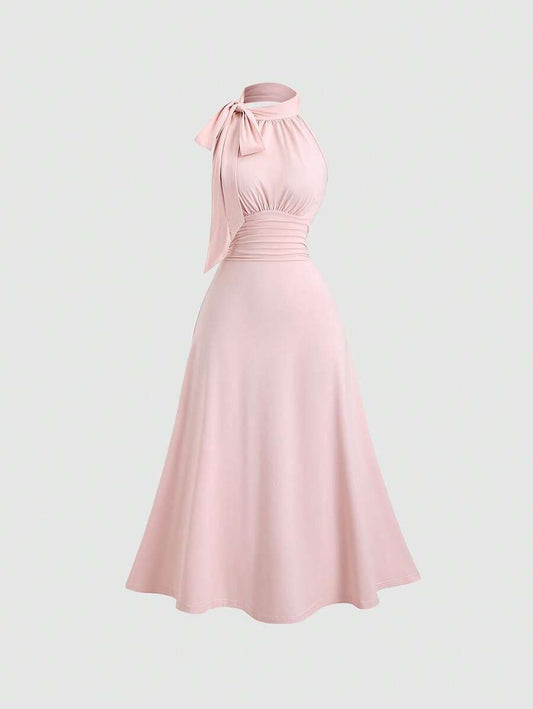 SHEIN Sweetra فستان كروشيه وردي طويل مع وشاح
