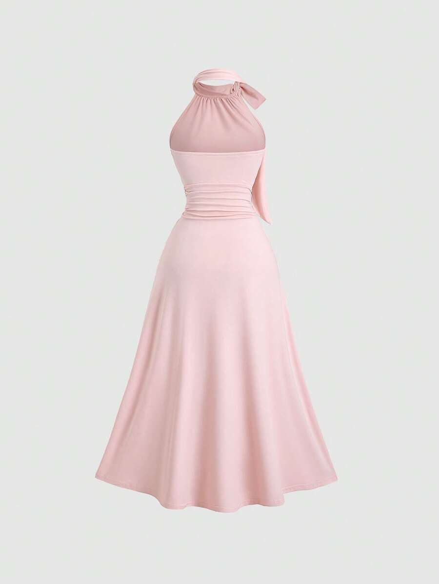SHEIN Sweetra فستان كروشيه وردي طويل مع وشاح