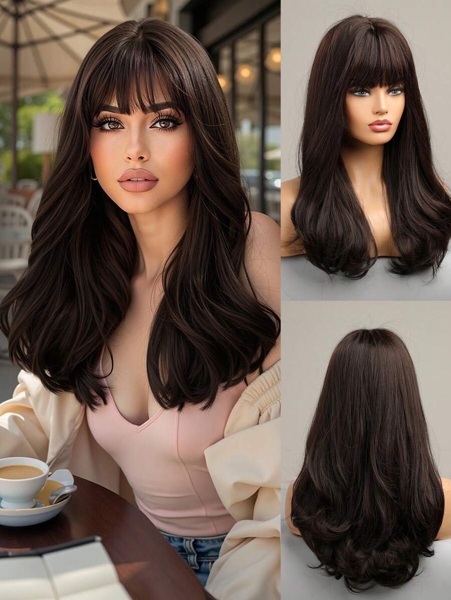 SHEIN باروكة صناعية بنية داكنة 20 بوصة