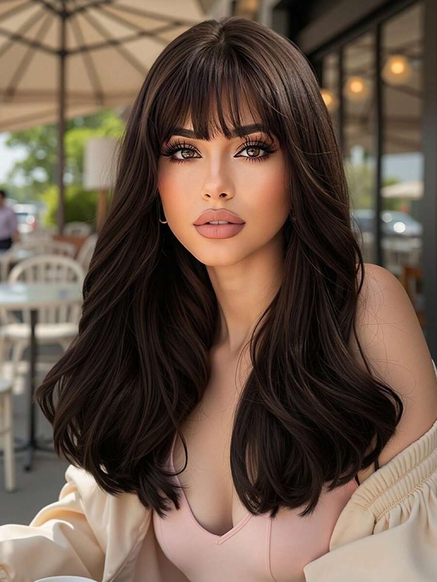SHEIN باروكة صناعية بلون بني داكن بطول 20 بوصة
