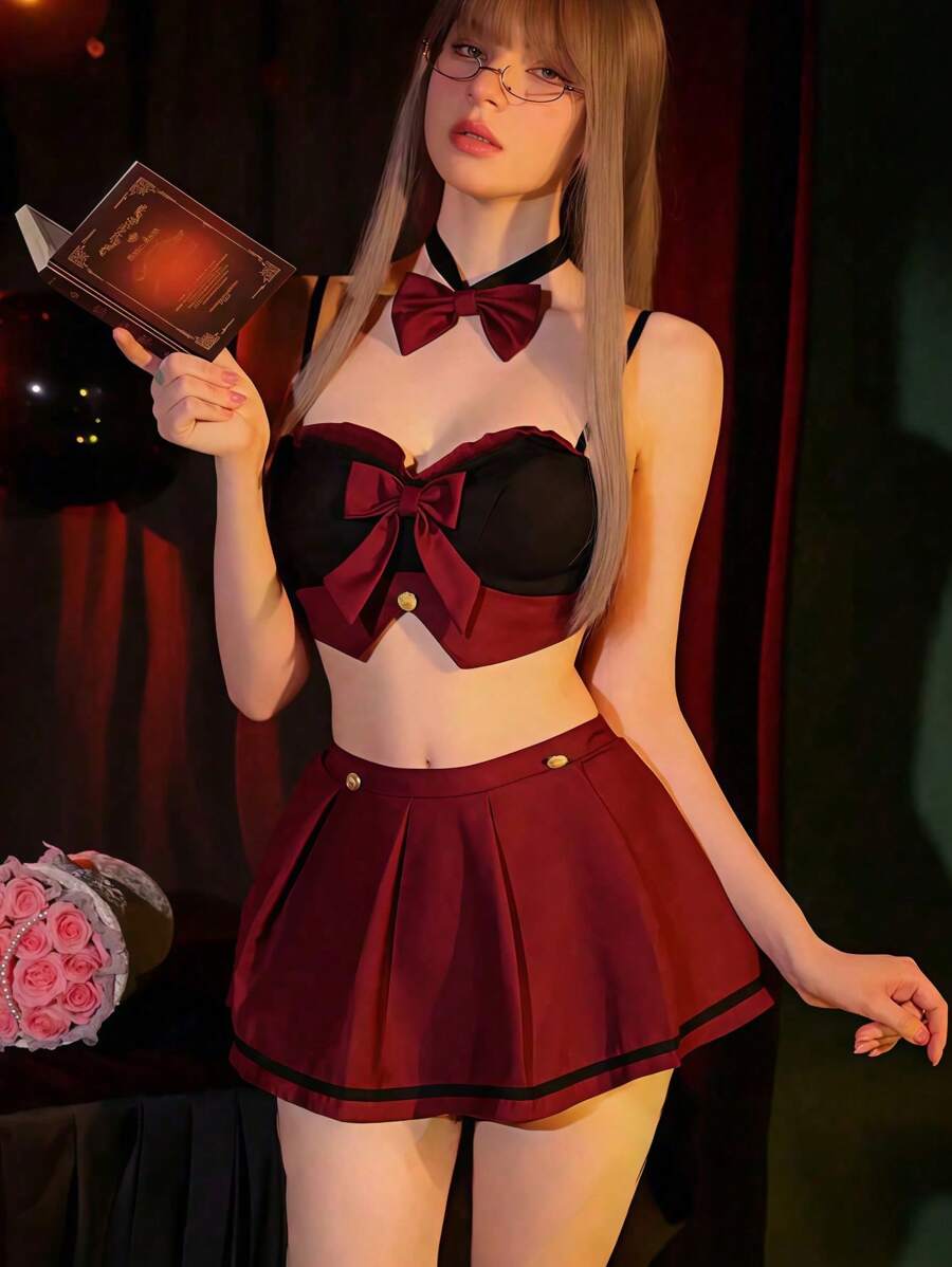 SHEIN بدلة سكرتيرة إغراء كاوايي 4 قطع مع ربطة عنق