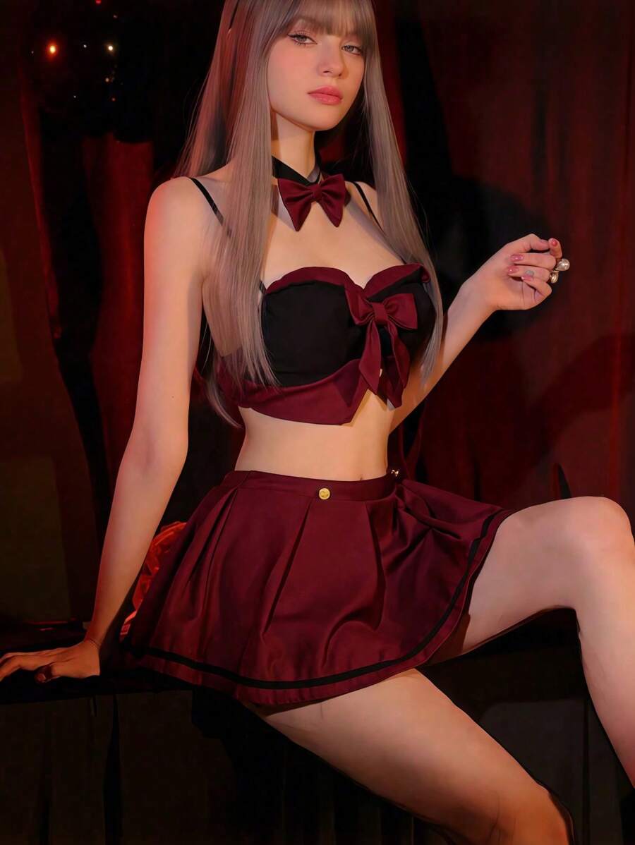 SHEIN بدلة سكرتيرة إغراء كاوايي 4 قطع مع ربطة عنق