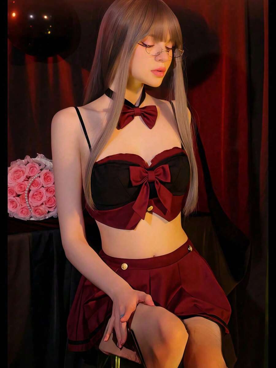 SHEIN بدلة سكرتيرة إغراء كاوايي 4 قطع مع ربطة عنق