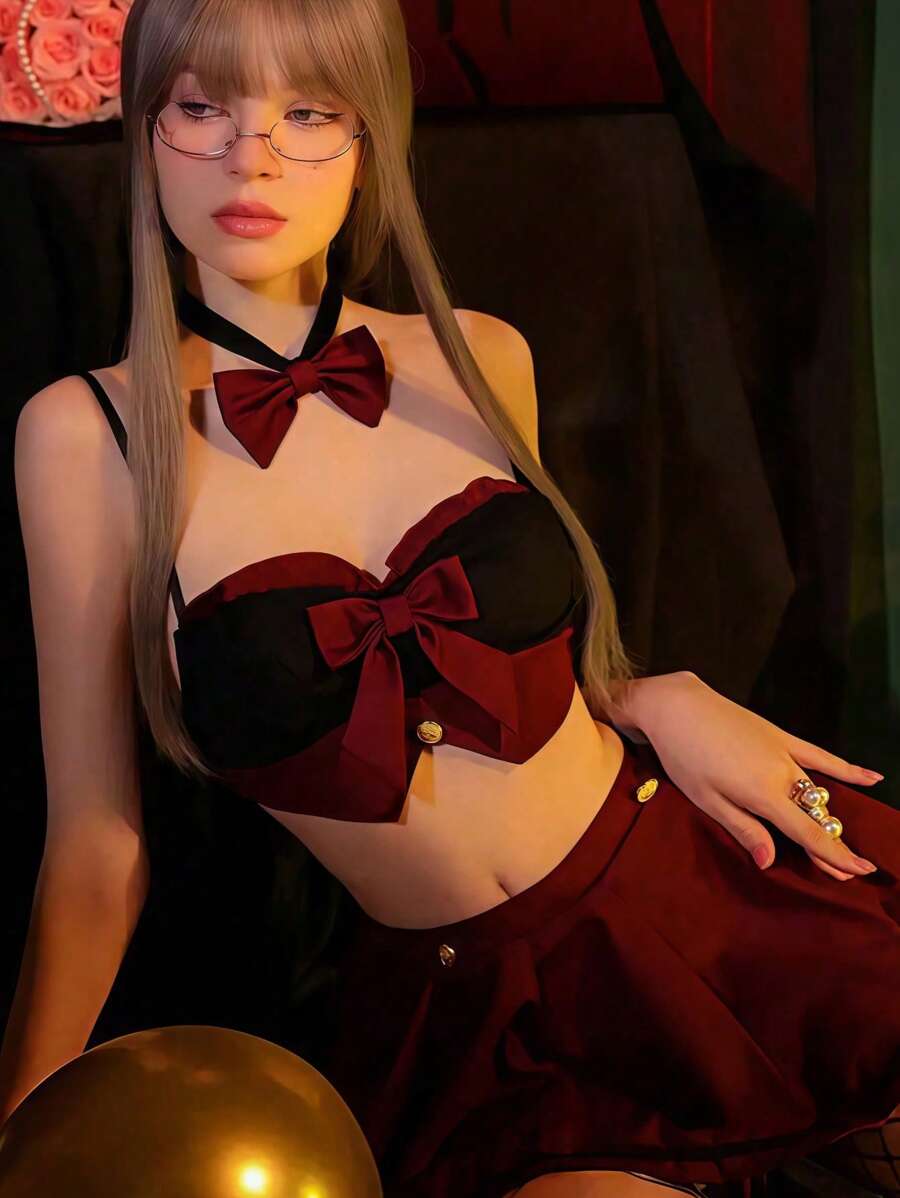 SHEIN بدلة سكرتيرة إغراء كاوايي 4 قطع مع ربطة عنق