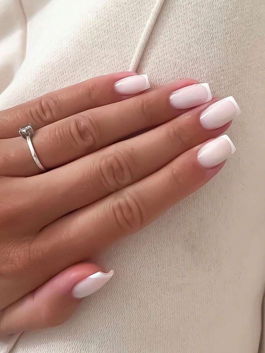 SHEIN أظافر صناعية مربعة 48 قطعة بتصميم فرنسي لامع مع غراء ومبرد للأظافر