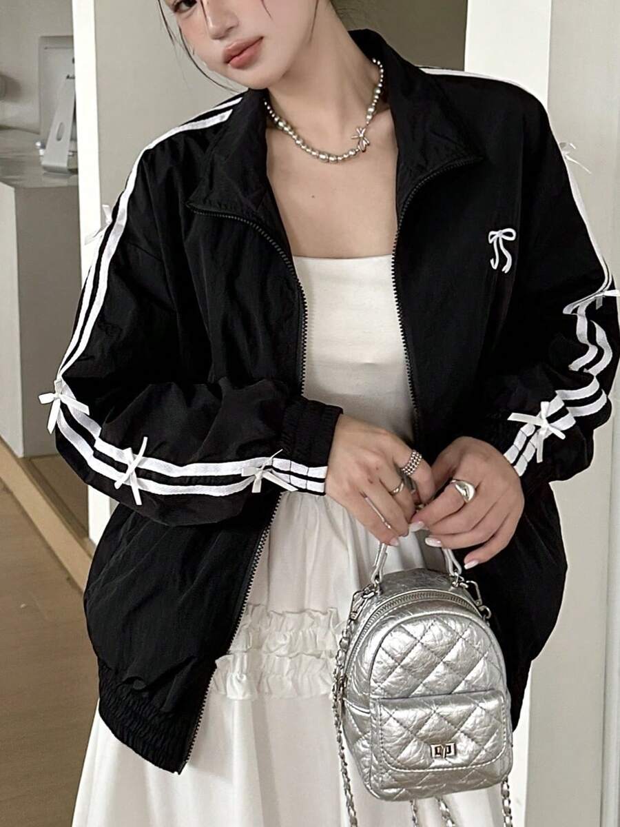 SHEIN جاكيت نسائي أسود فضفاض مزين بفيونكة أنيقة